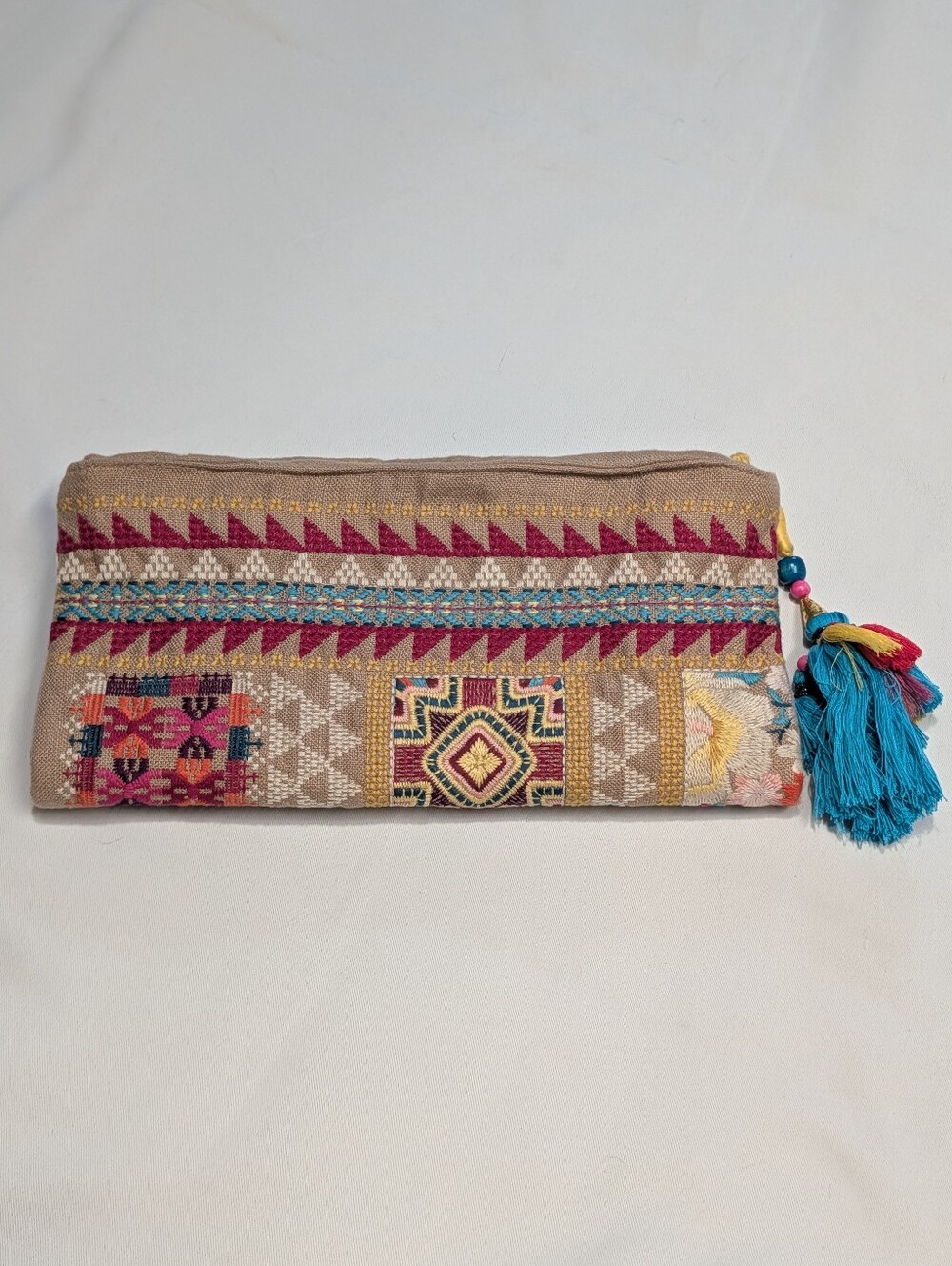 Johnny Was Beige Linen Embroidered Clutch with Tassels and Multicolor Motifs NWT